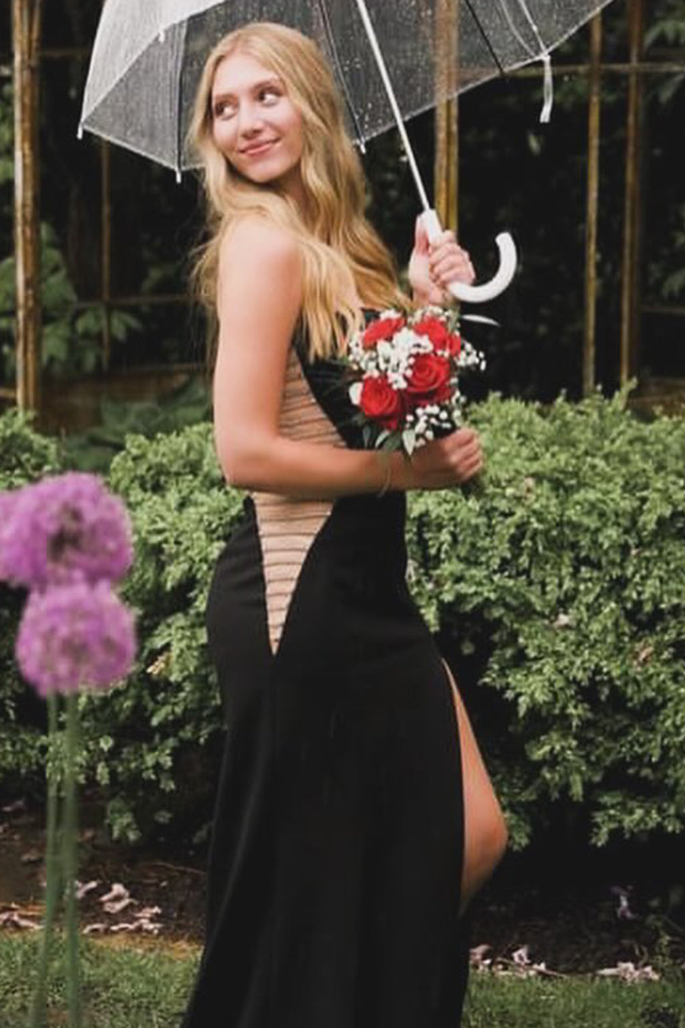 Long Black Meramid Corset Prom Dress with Strapless Cut-out and Slit