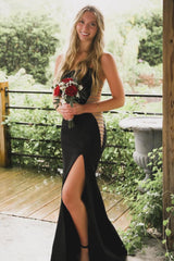 Long Black Meramid Corset Prom Dress with Strapless Cut-out and Slit