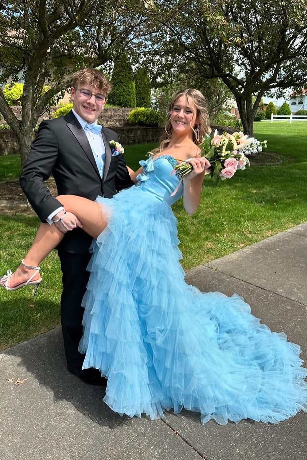 Sweetheart A-Line Long Prom Dress in Light Blue with Tiered Tulle and Bows