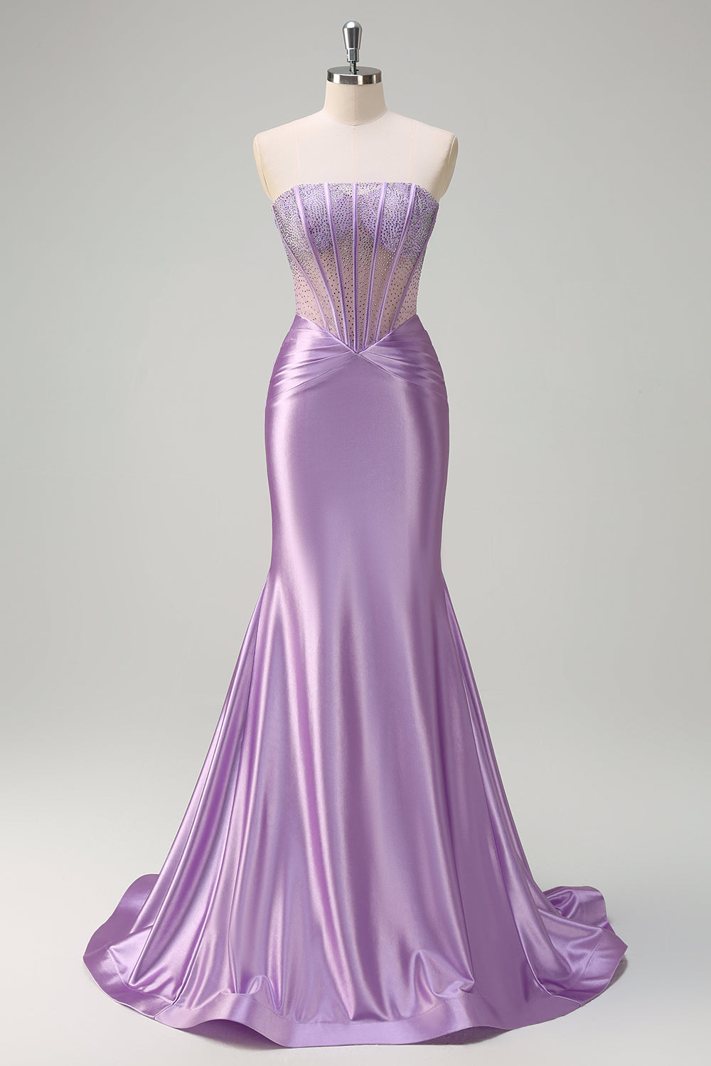 Long Satin Mermaid Prom Dress in Purple with Beading Strapless Corset Style