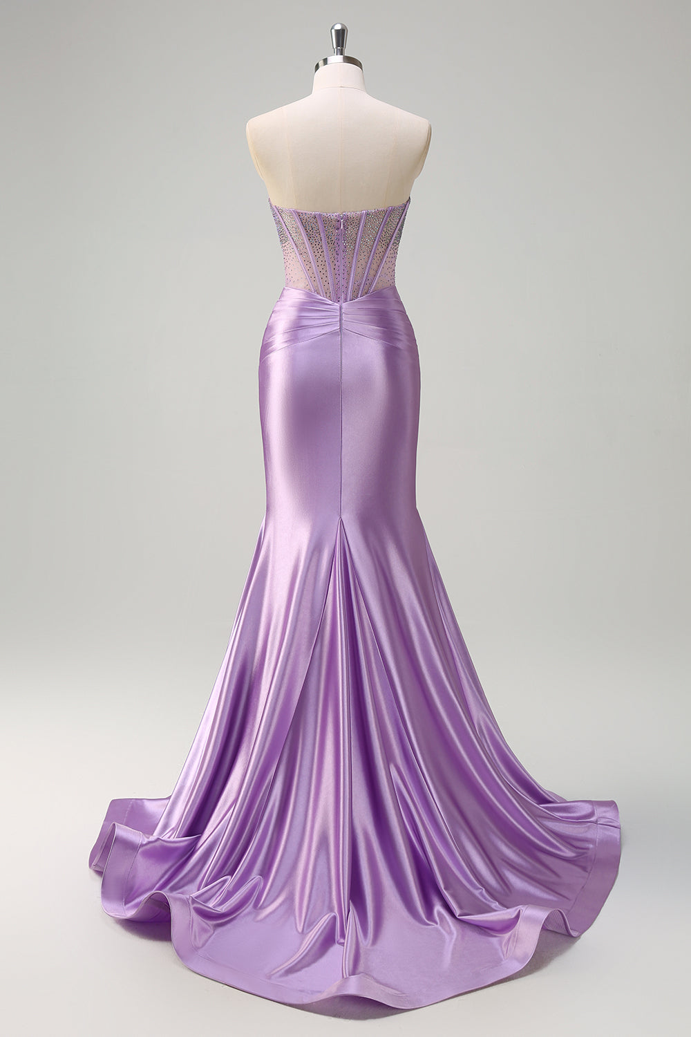 Long Satin Mermaid Prom Dress in Purple with Beading Strapless Corset Style