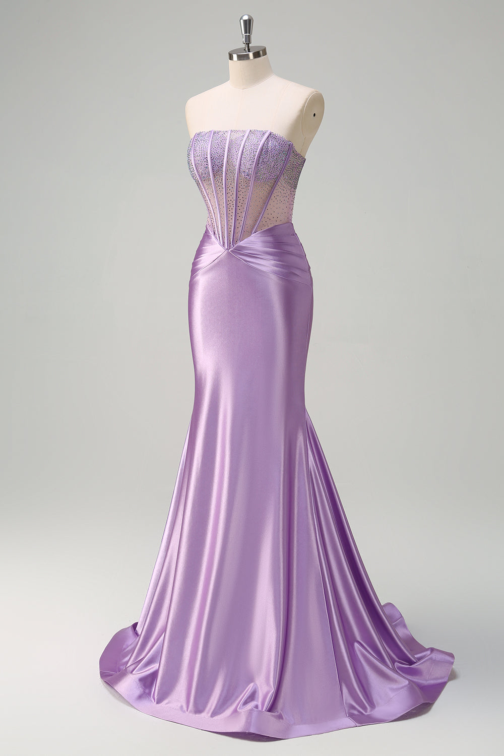 Long Satin Mermaid Prom Dress in Purple with Beading Strapless Corset Style