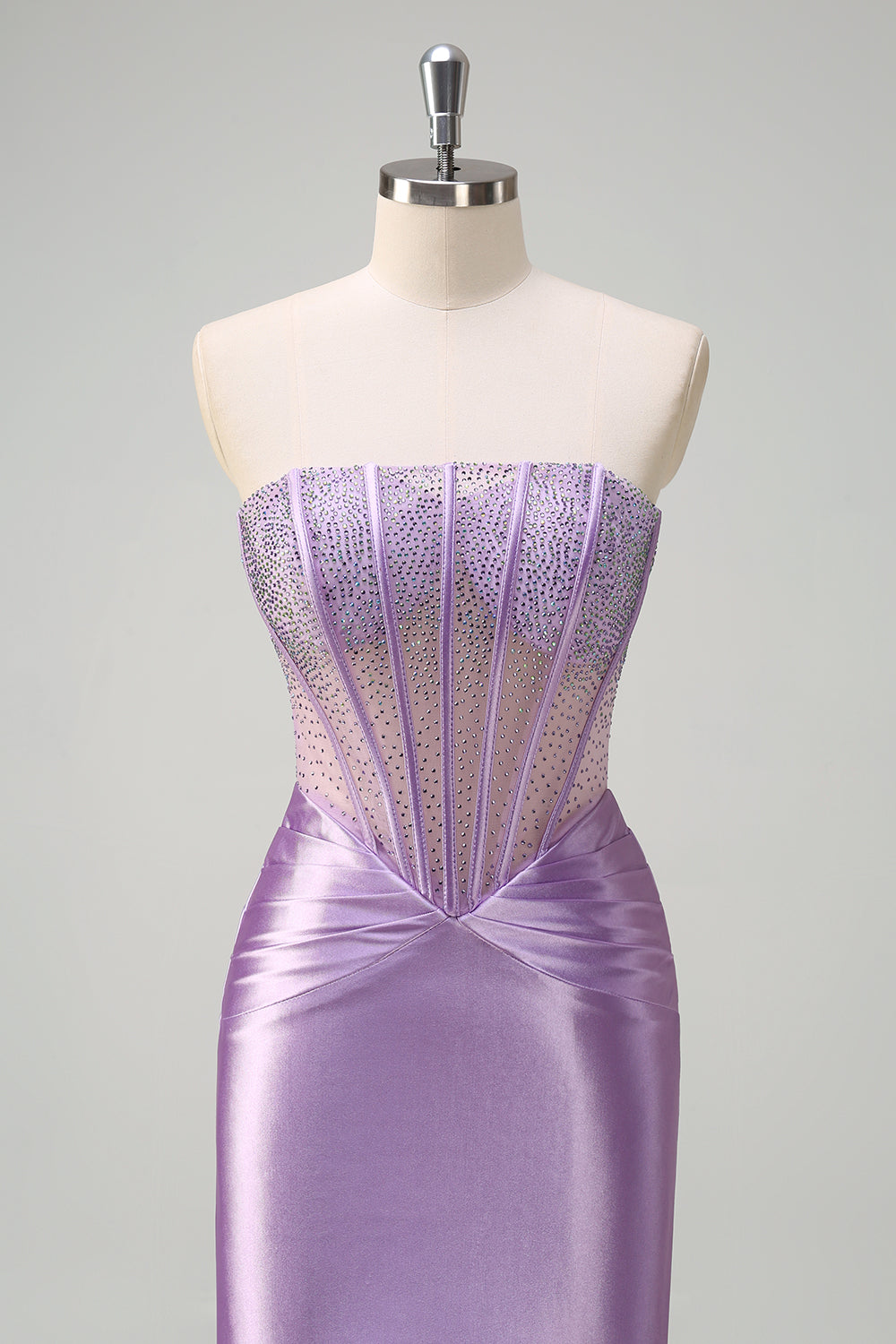 Long Satin Mermaid Prom Dress in Purple with Beading Strapless Corset Style