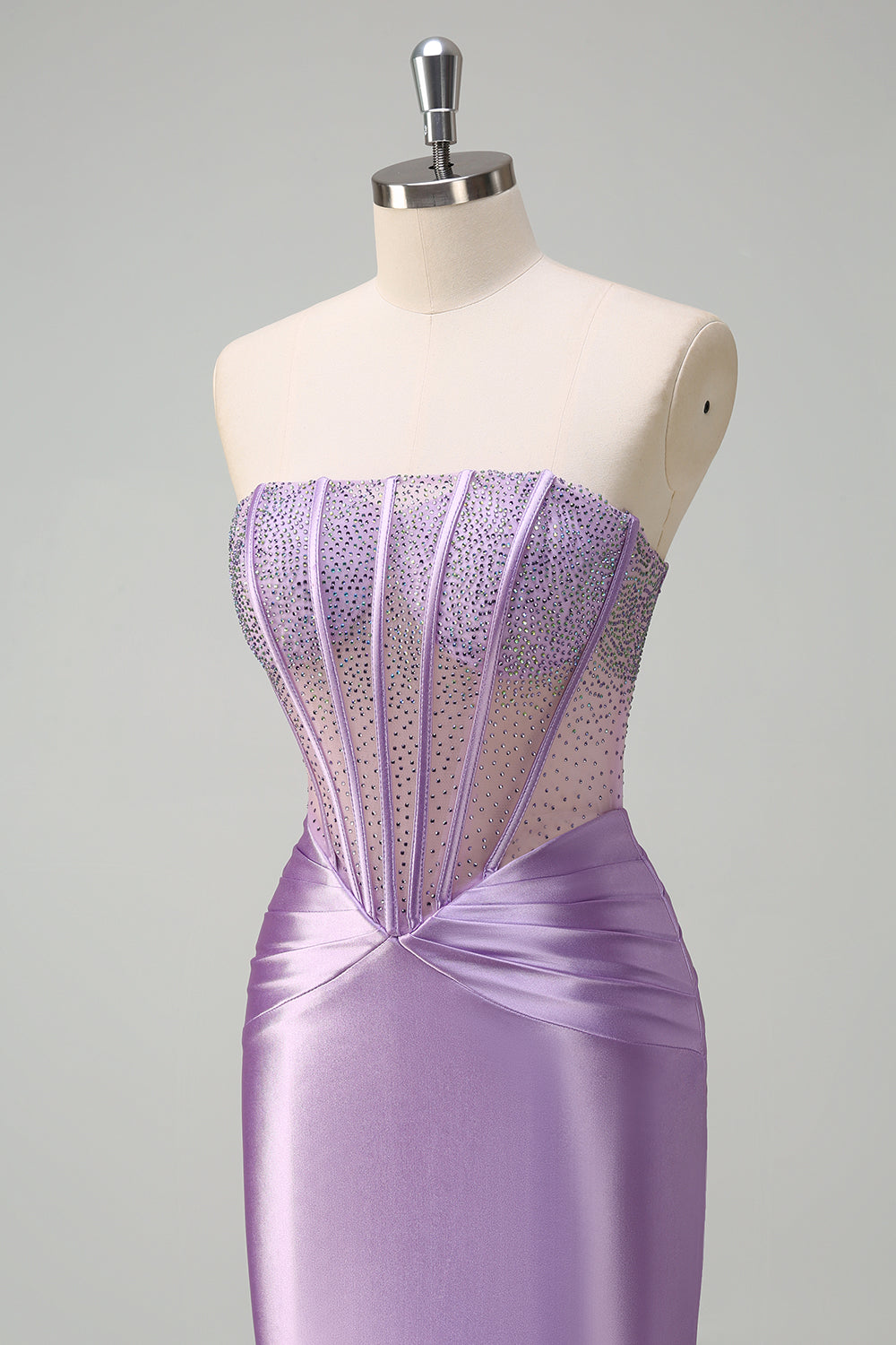 Long Satin Mermaid Prom Dress in Purple with Beading Strapless Corset Style