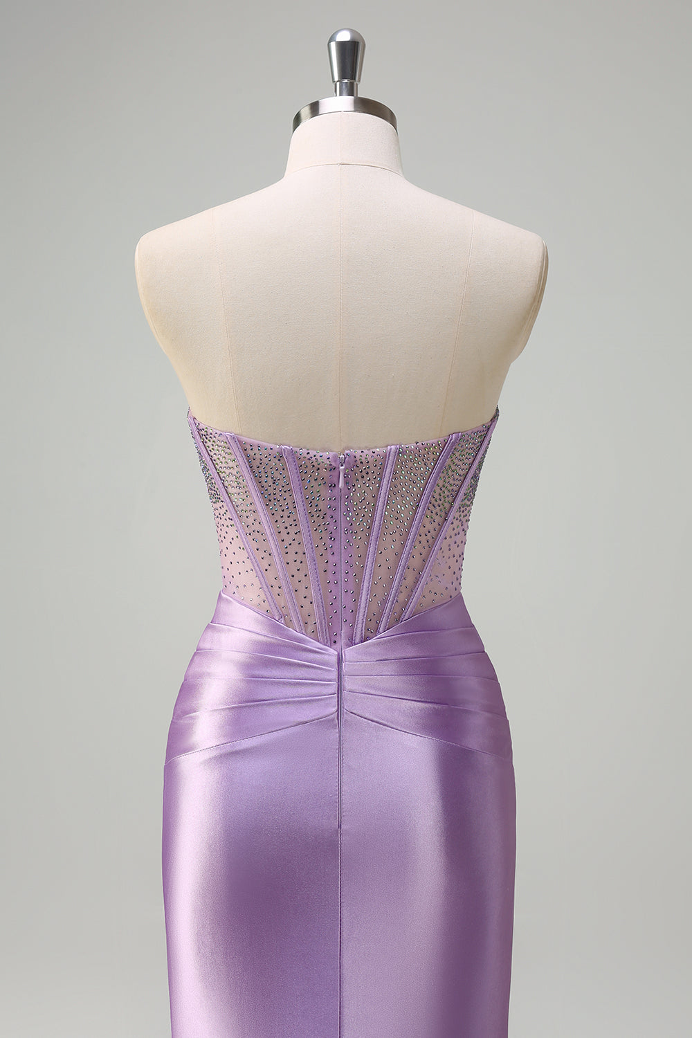 Long Satin Mermaid Prom Dress in Purple with Beading Strapless Corset Style