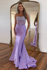 Long Satin Mermaid Prom Dress in Purple with Beading Strapless Corset Style