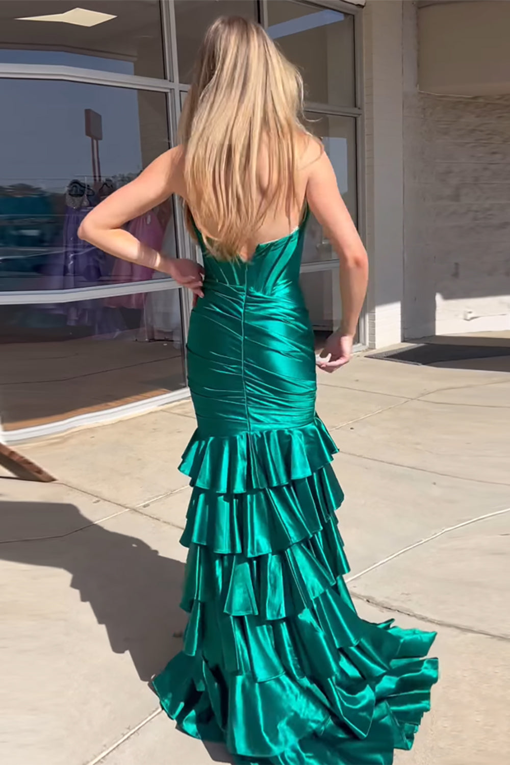 Long Strapless Satin Prom Dress in Grey Blue with Tiered Corset and Slit