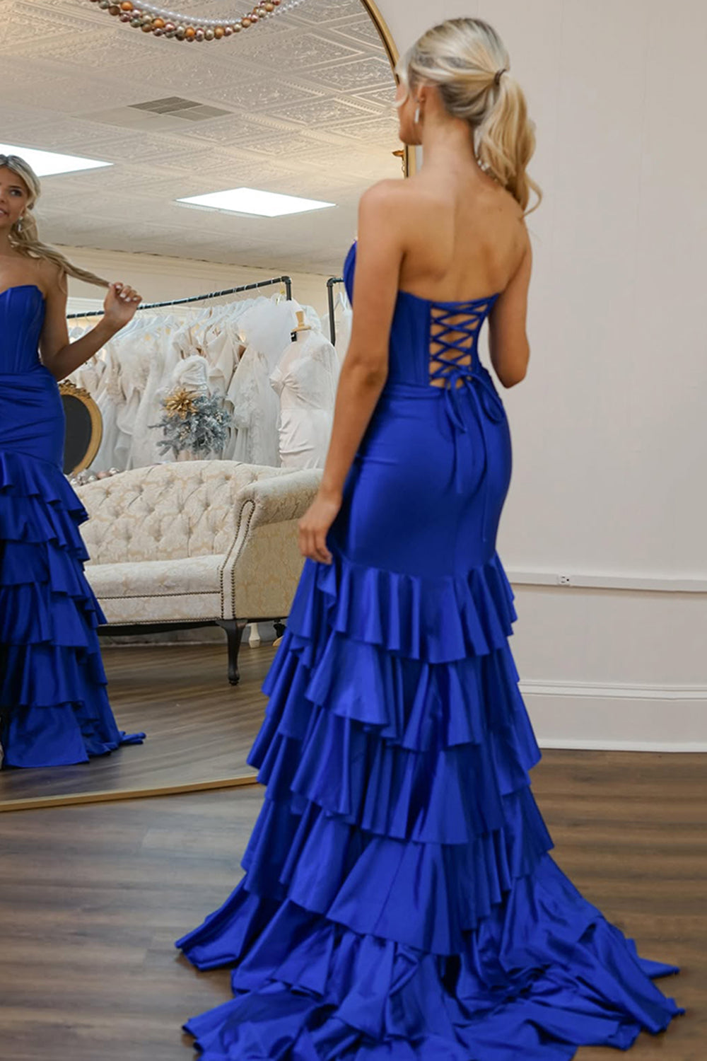 Long Strapless Satin Prom Dress in Grey Blue with Tiered Corset and Slit