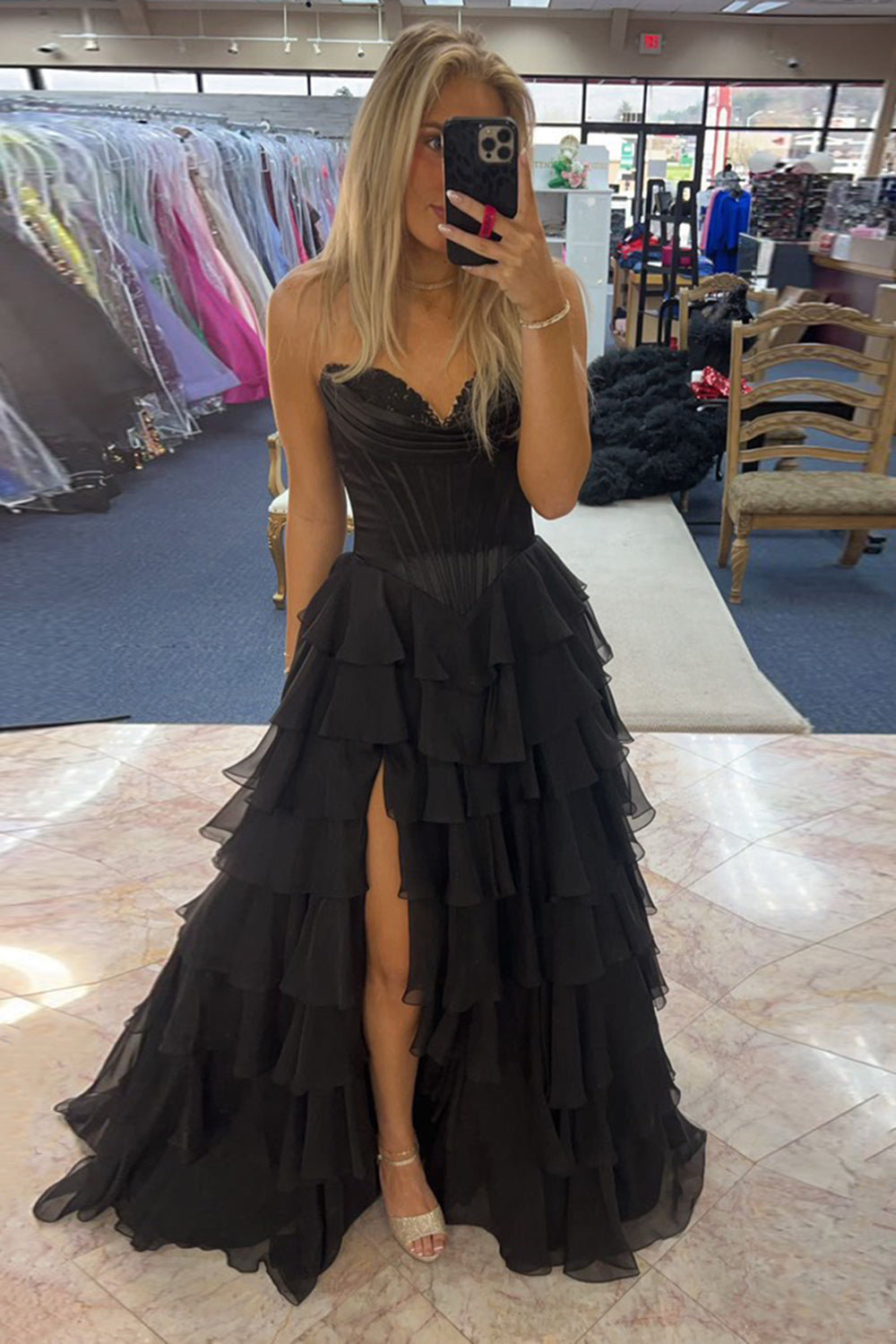 Long Corset Prom Dress in Fuchsia with Sweetheart Neckline and Ruffled Chiffon Slit