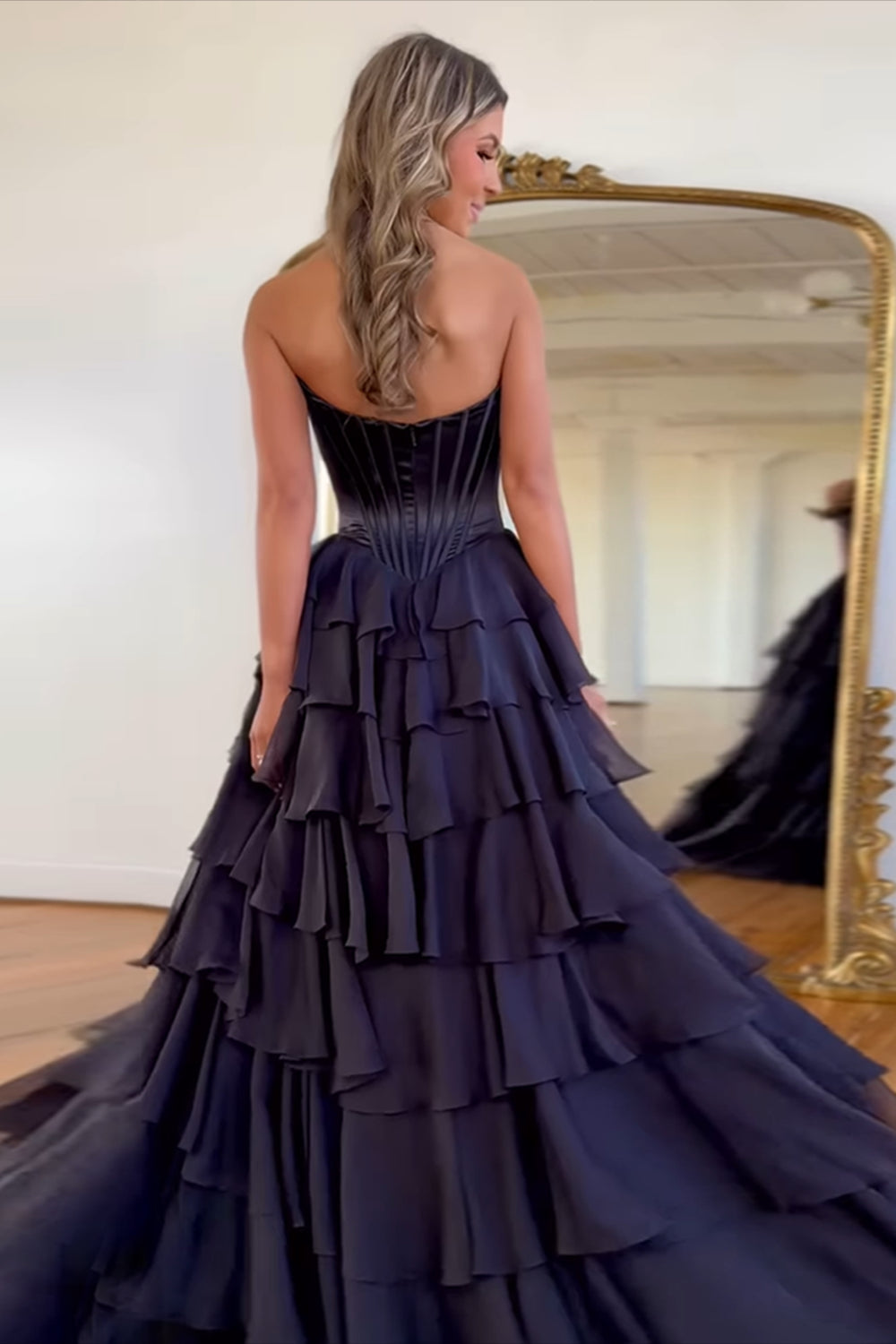 Black A-Line Long Chiffon Corset Prom Dress with Tiered Slit
