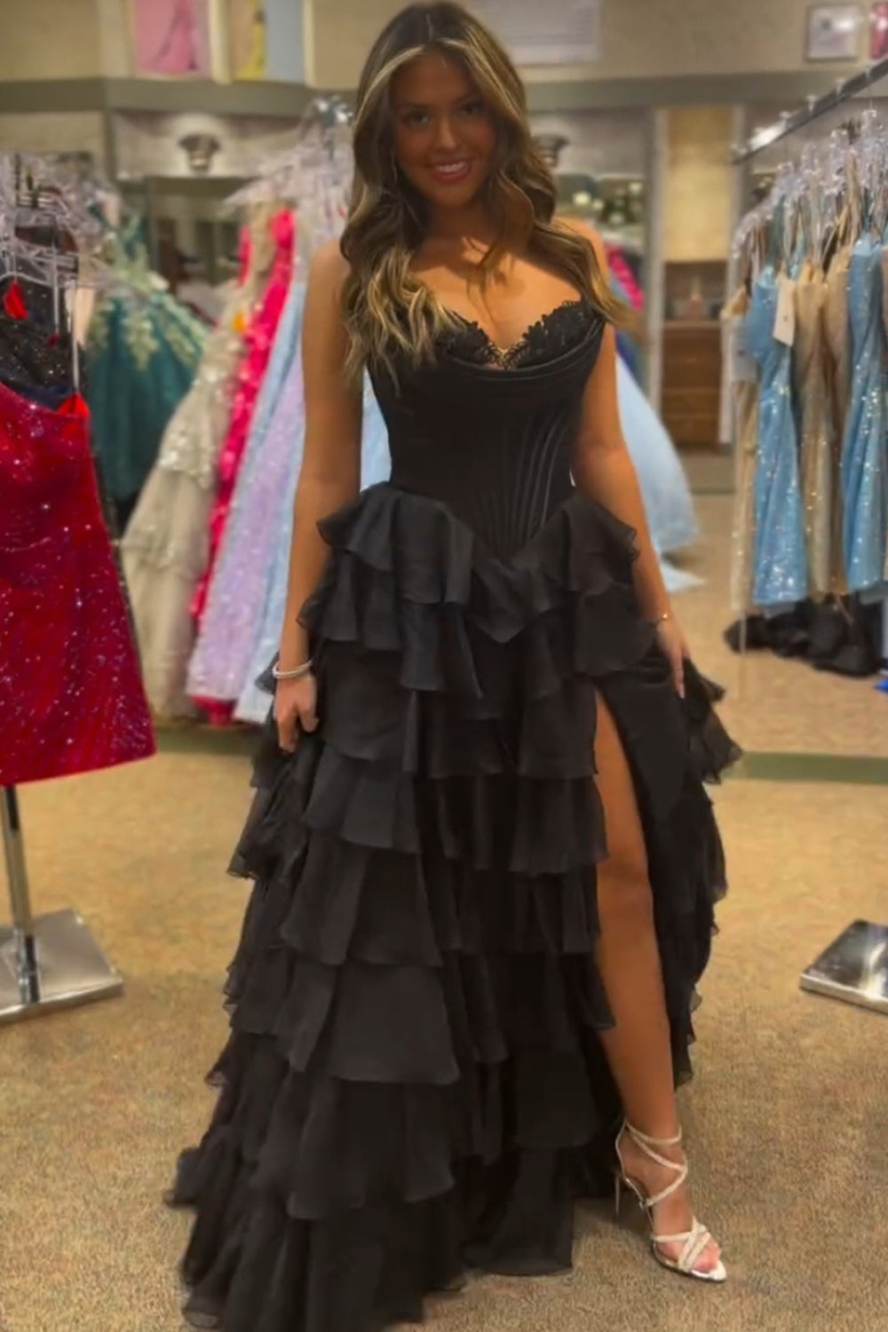 Black A-Line Long Chiffon Corset Prom Dress with Tiered Slit