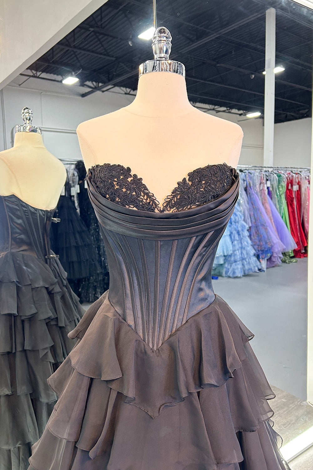Black A-Line Long Chiffon Corset Prom Dress with Tiered Slit