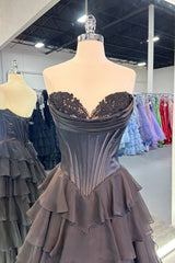 Black A-Line Long Chiffon Corset Prom Dress with Tiered Slit