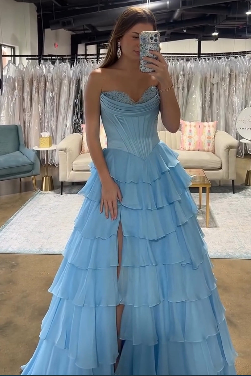 Sweetheart Yellow Princess Corset Dress with Ruffled Chiffon and Long Slit
