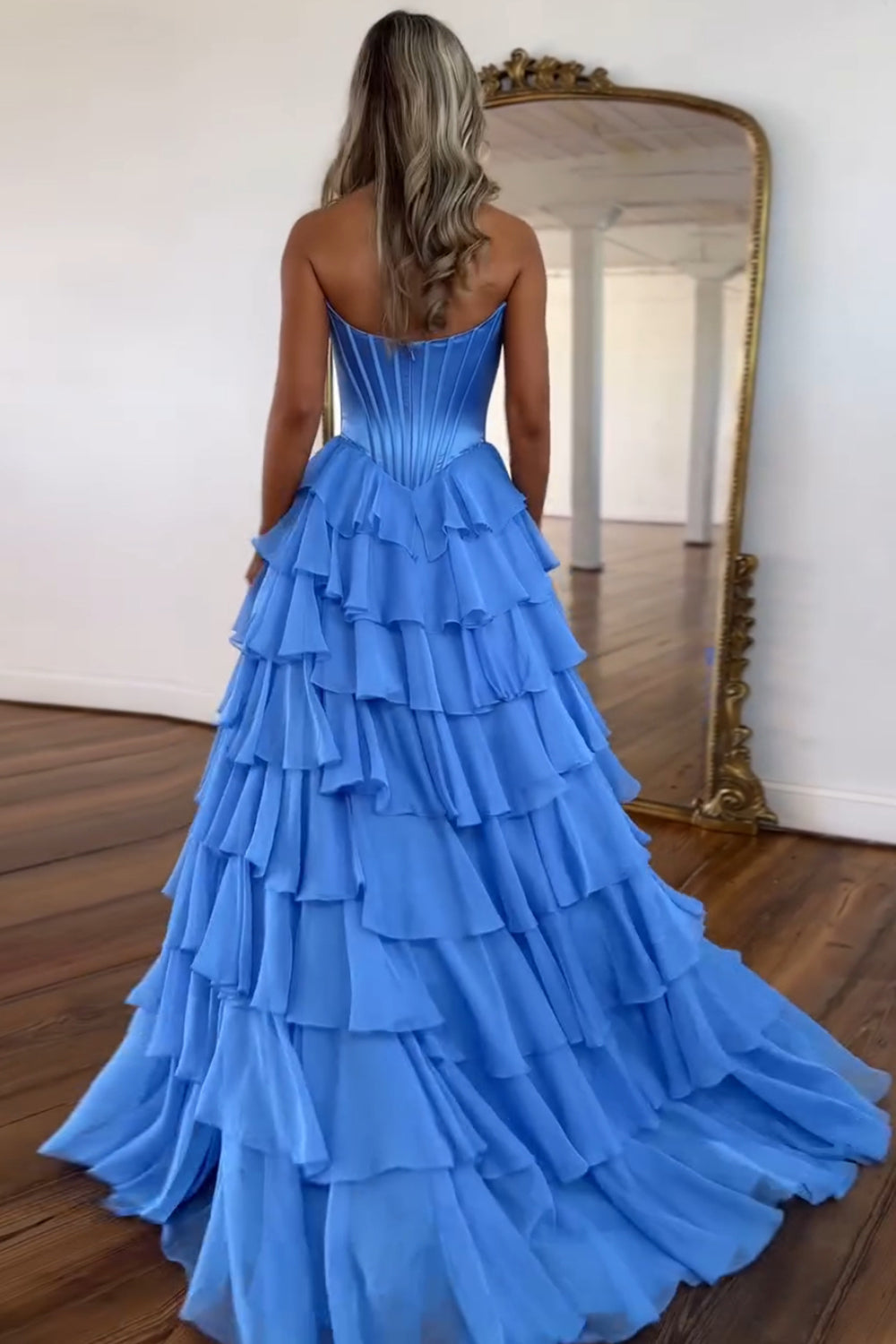 Sweetheart Blue Chiffon Corset Prom Dress with Ruffled A-Line and Long Slit