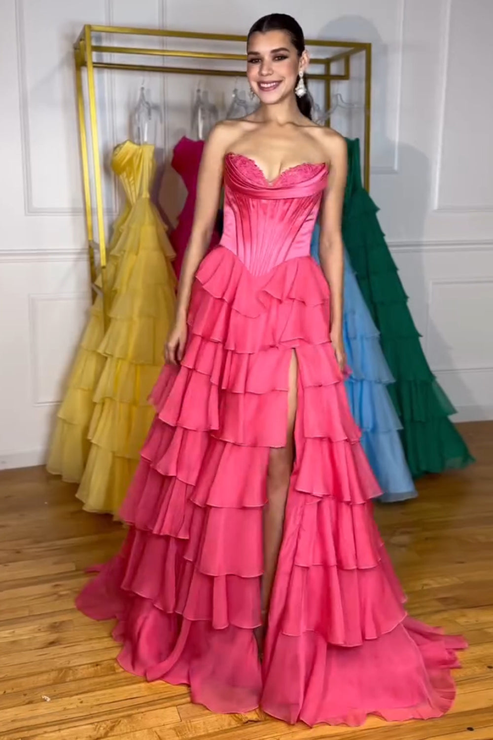 Sweetheart Corset A-Line Prom Dress in Fuchsia with Tiered Chiffon and Slit
