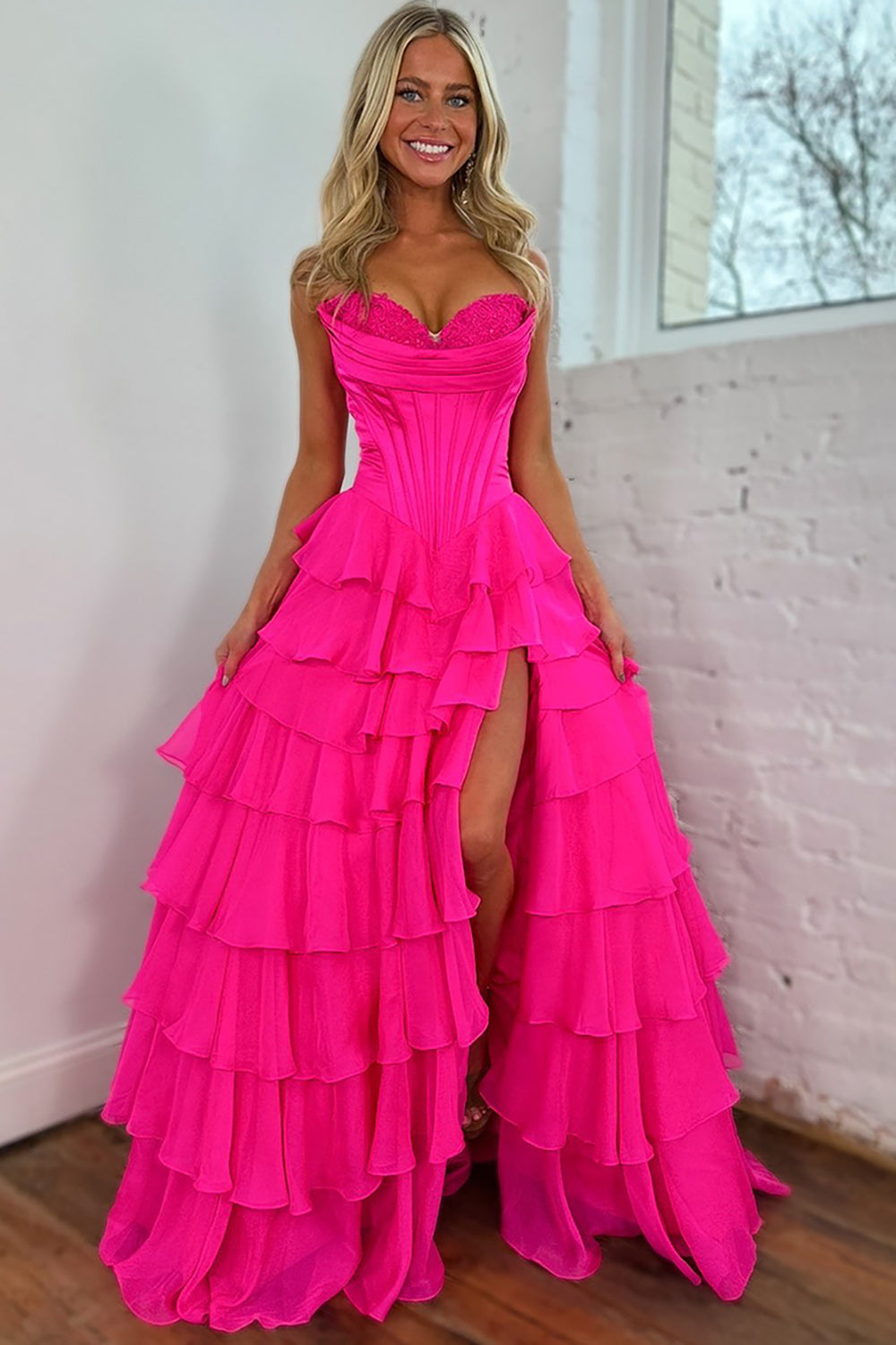 Sweetheart Black Chiffon A-Line Corset Prom Dress Featuring a Tiered Slit