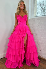 Long Corset Prom Dress in Fuchsia with Sweetheart Neckline and Ruffled Chiffon Slit