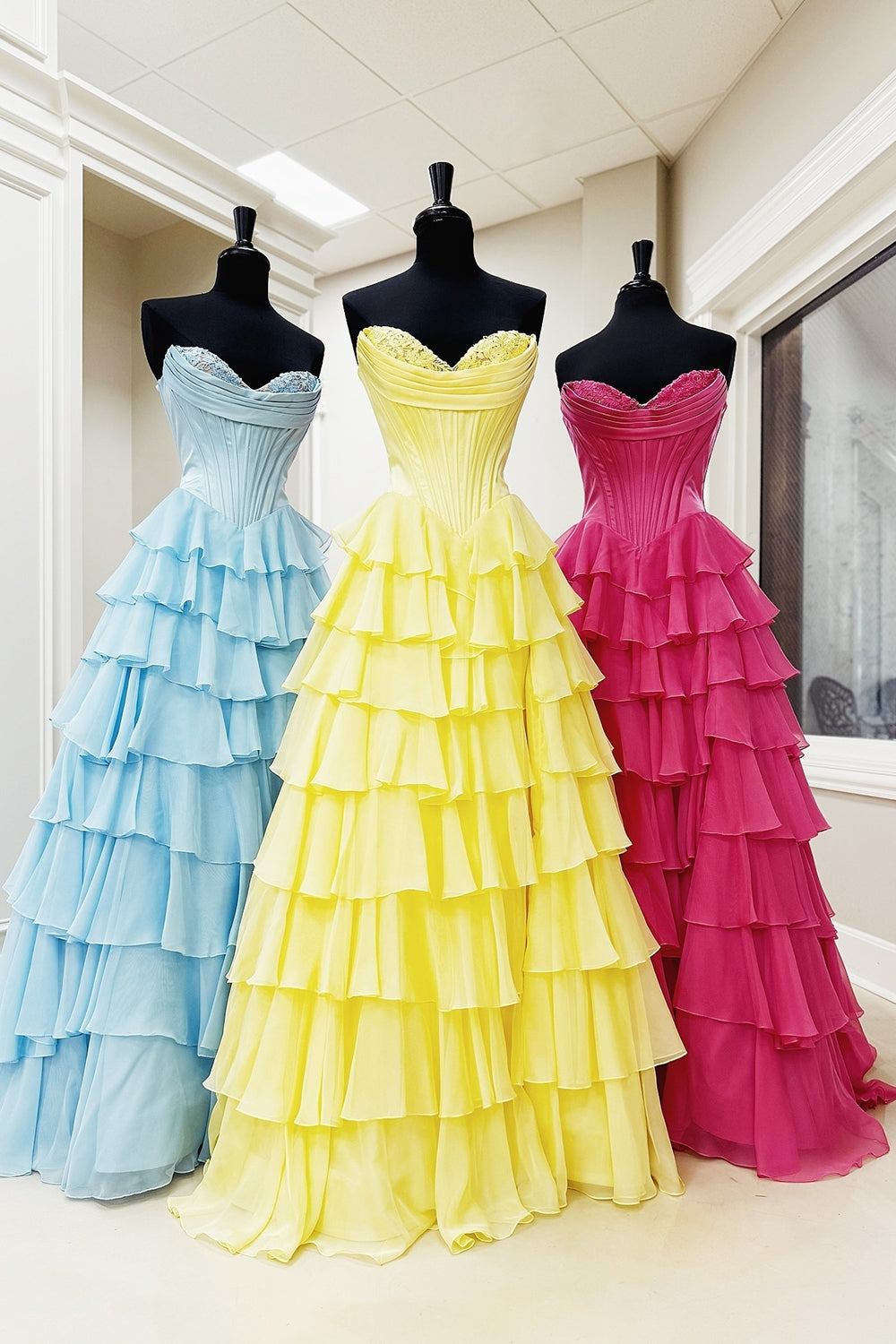 Black A-Line Long Chiffon Corset Prom Dress with Tiered Slit