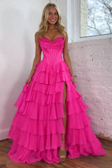 Long Corset Prom Dress in Fuchsia with Sweetheart Neckline and Ruffled Chiffon Slit