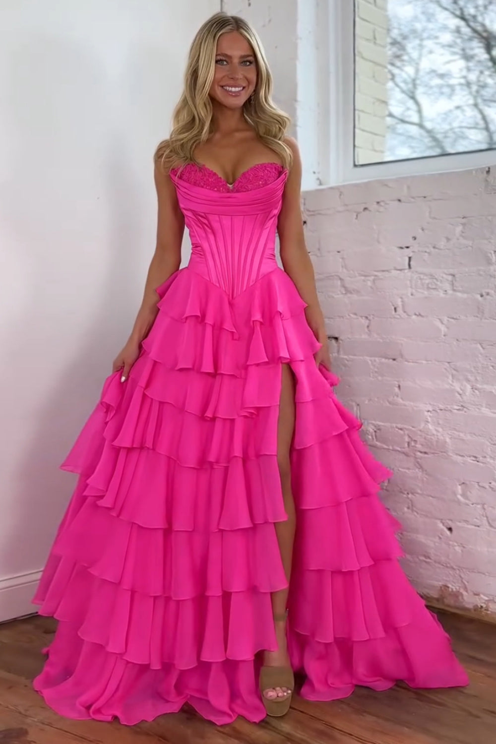 Sweetheart Princess Corset Dress in Light Pink with Tiered Chiffon and Slit