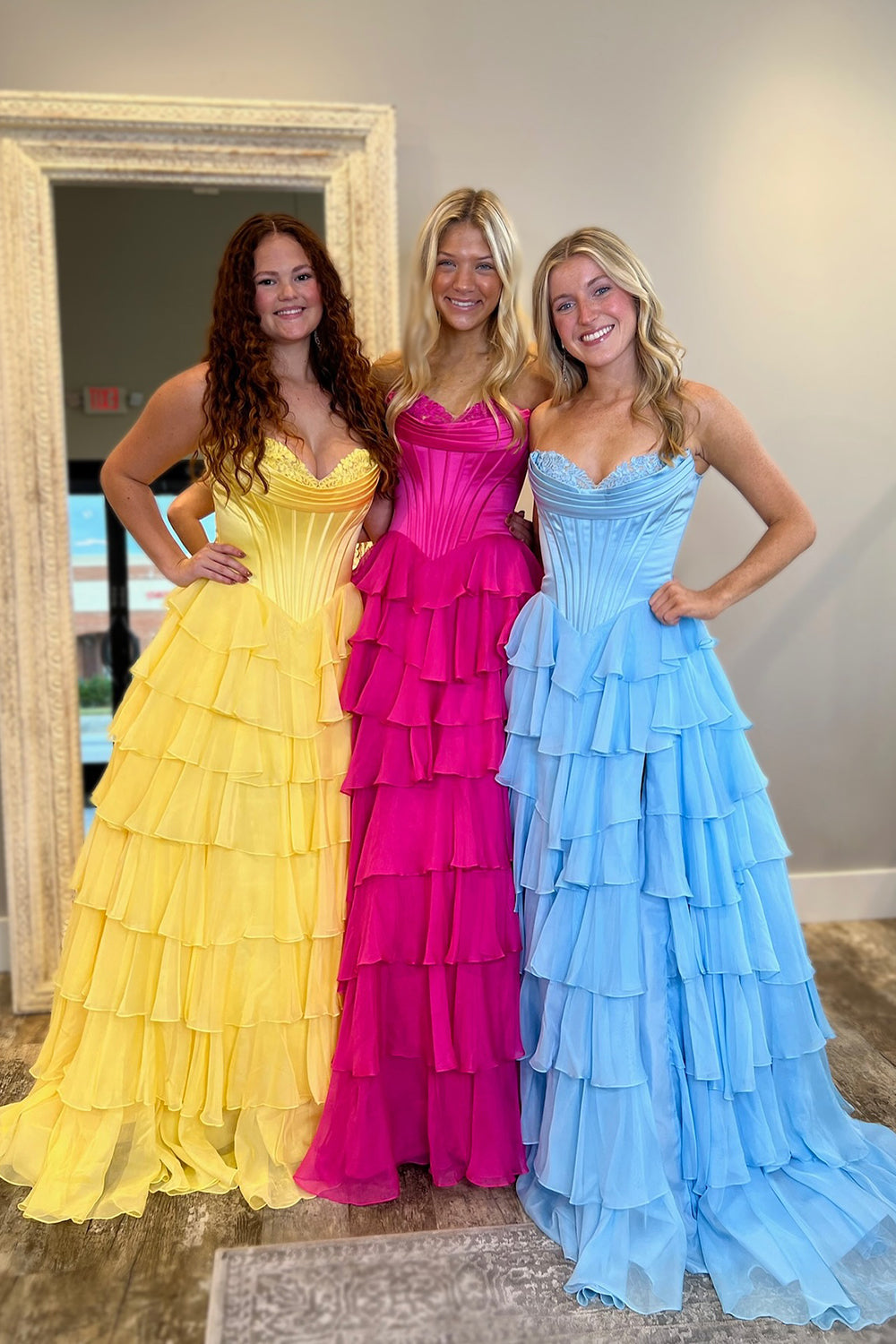 Sweetheart Yellow Princess Corset Dress with Ruffled Chiffon and Long Slit