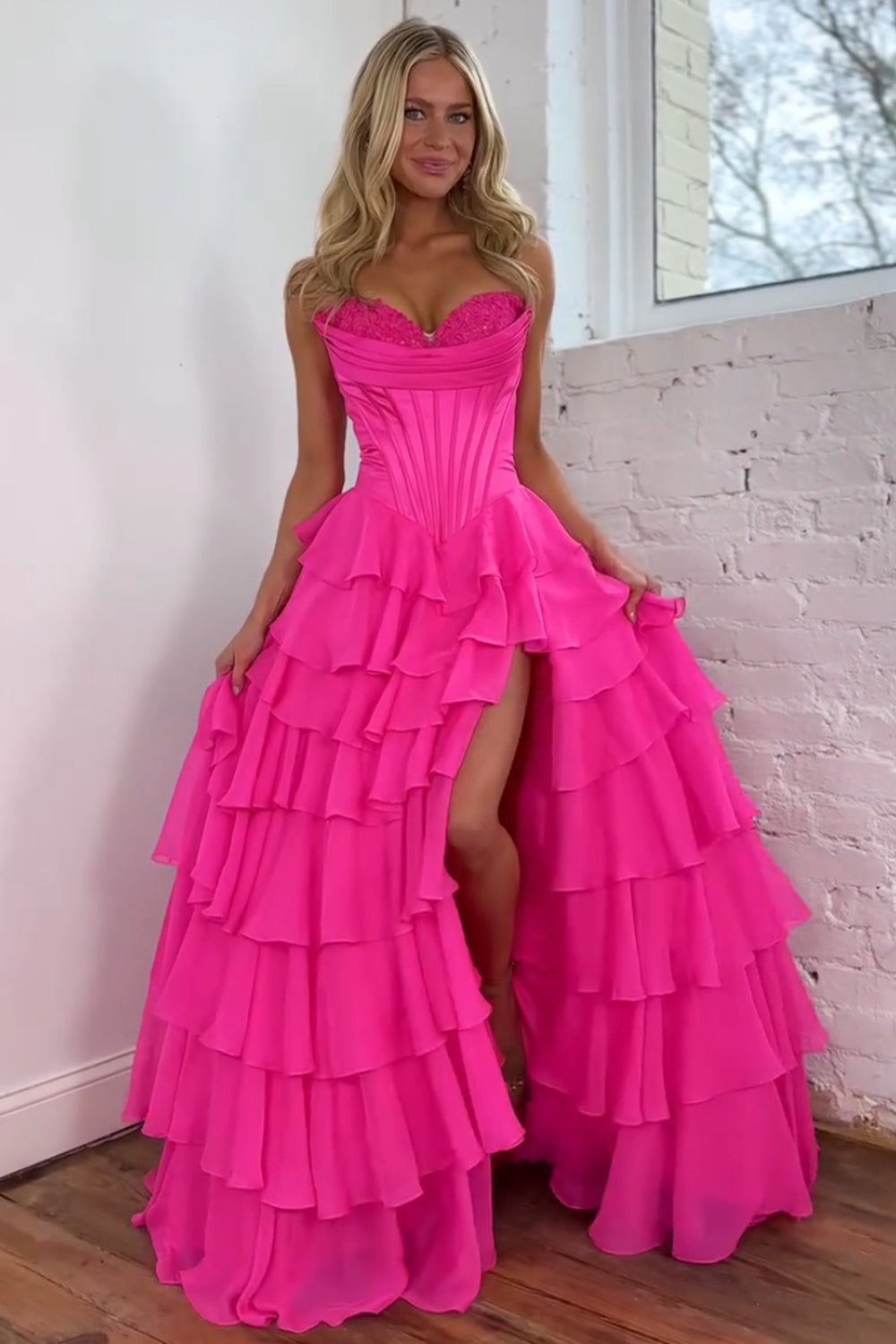 Long Corset Prom Dress in Fuchsia with Sweetheart Neckline and Ruffled Chiffon Slit