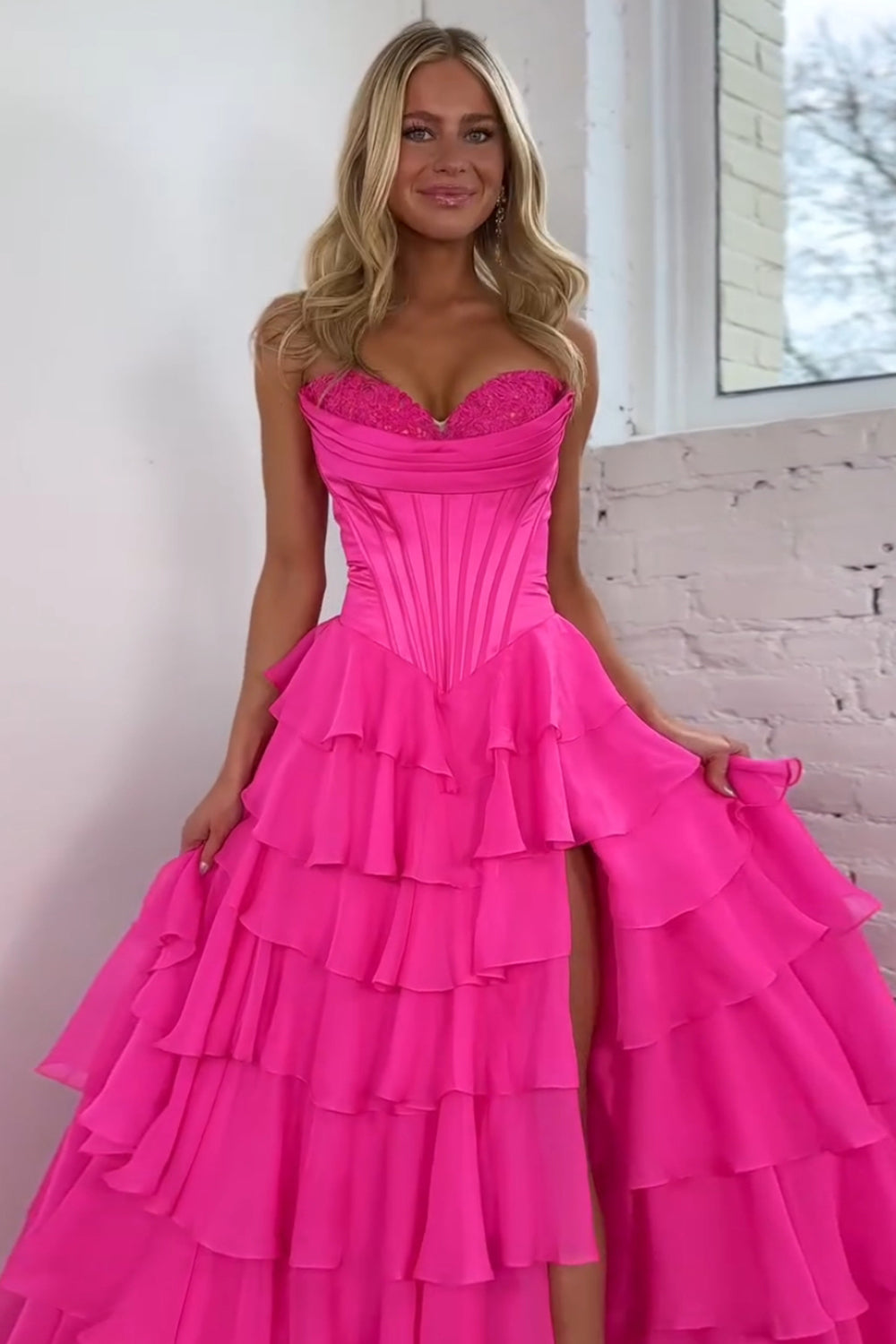 Sweetheart Princess Corset Prom Dress in Light Pink with Tiered Chiffon and Slit