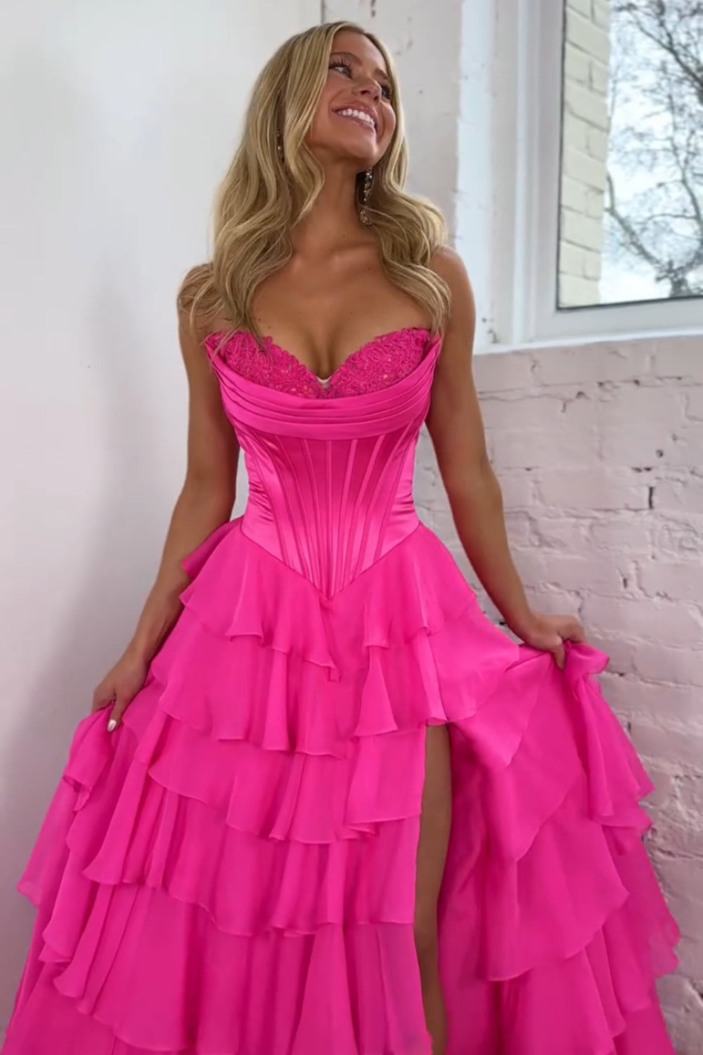 Black A-Line Long Chiffon Corset Prom Dress with Tiered Slit