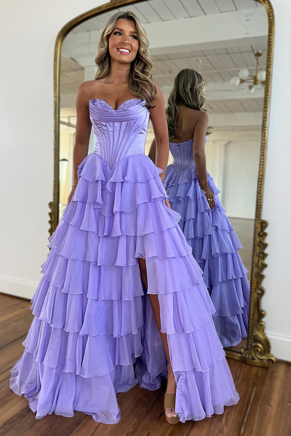 Long Corset Prom Dress in Fuchsia with Sweetheart Neckline and Ruffled Chiffon Slit