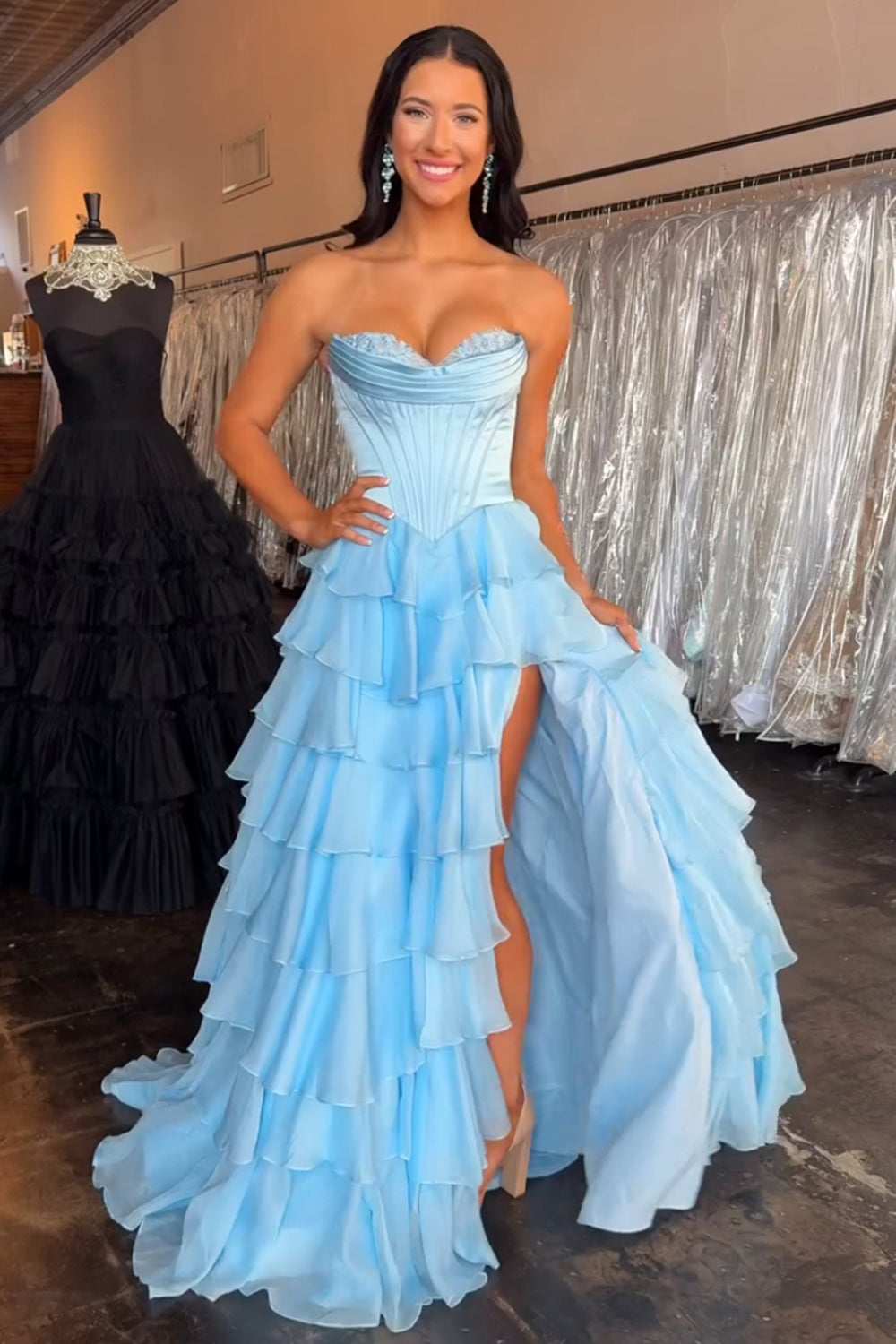 Black A-Line Long Chiffon Corset Prom Dress with Tiered Slit