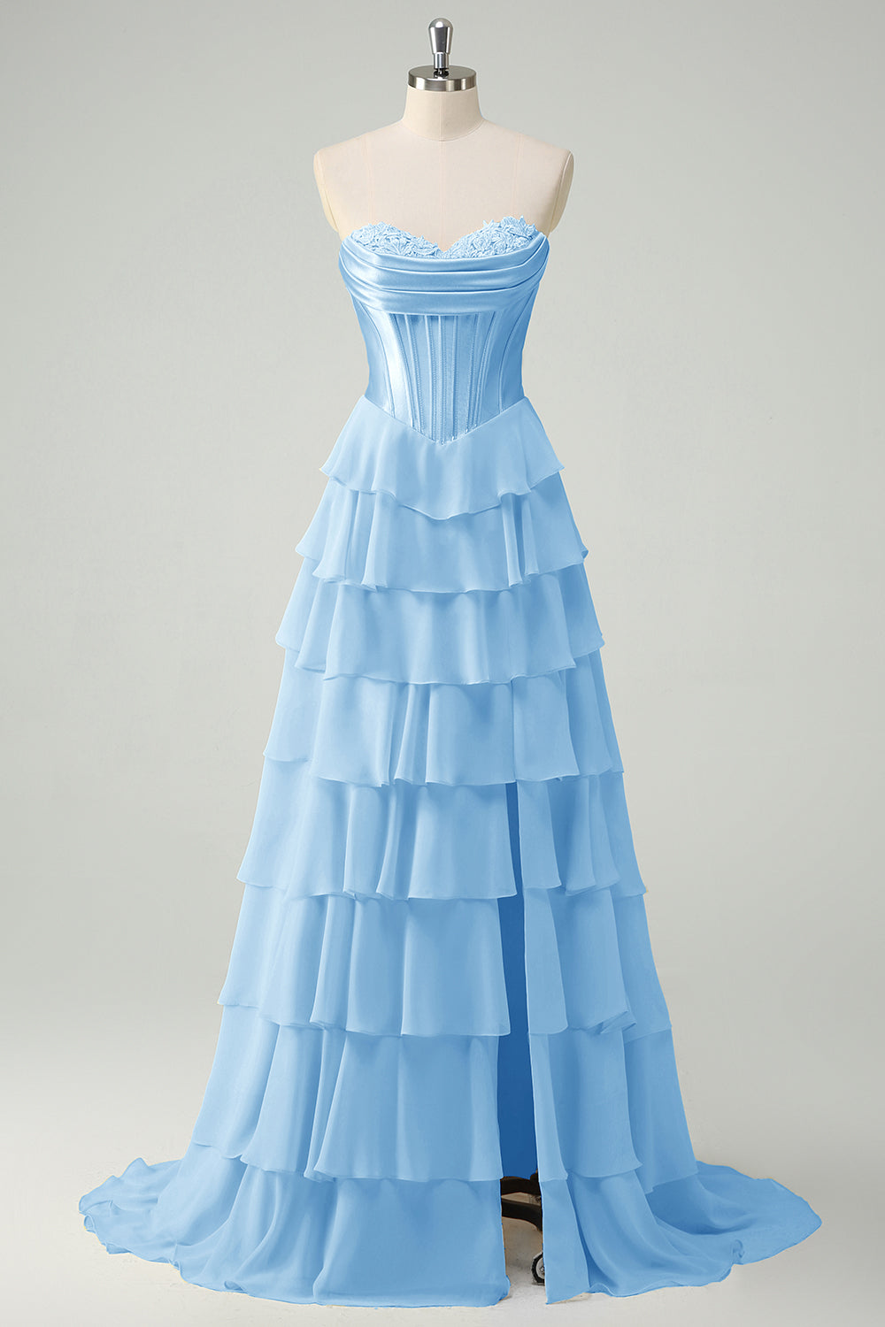 Long Corset Prom Dress in Fuchsia with Sweetheart Neckline and Ruffled Chiffon Slit
