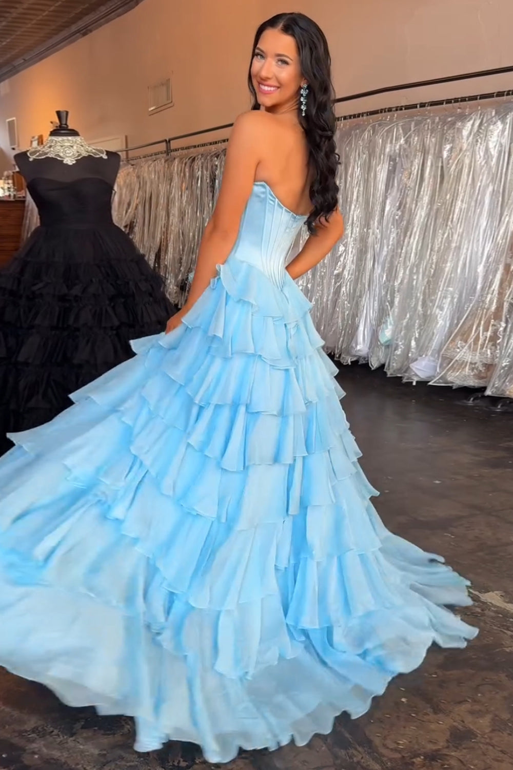 Sweetheart Black Chiffon A-Line Corset Prom Dress Featuring a Tiered Slit