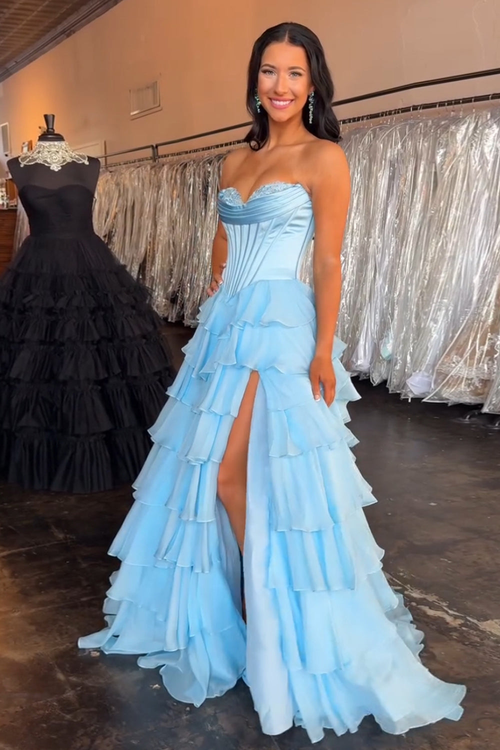 Black A-Line Long Chiffon Corset Prom Dress with Tiered Slit