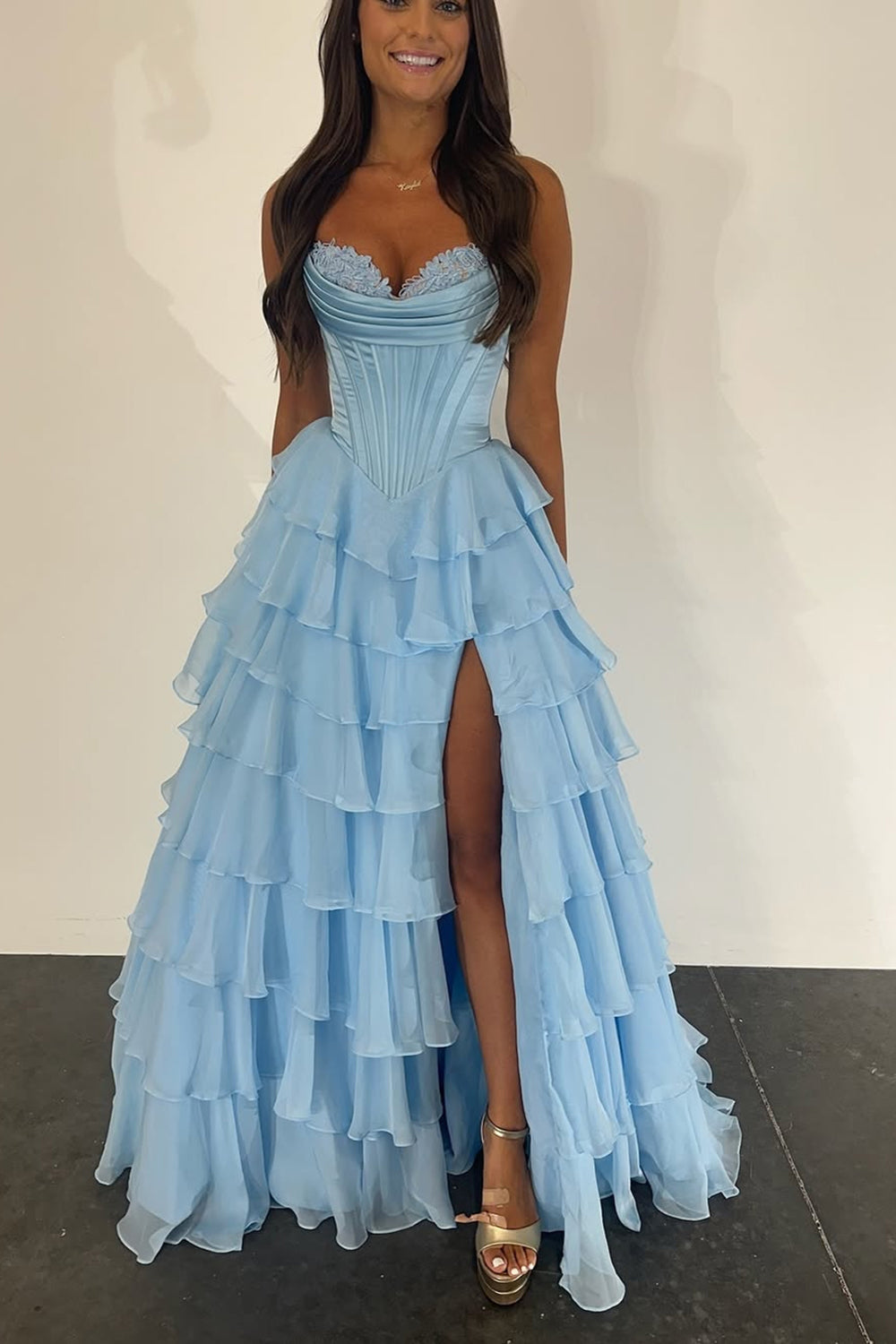 Black A-Line Long Chiffon Corset Prom Dress with Tiered Slit