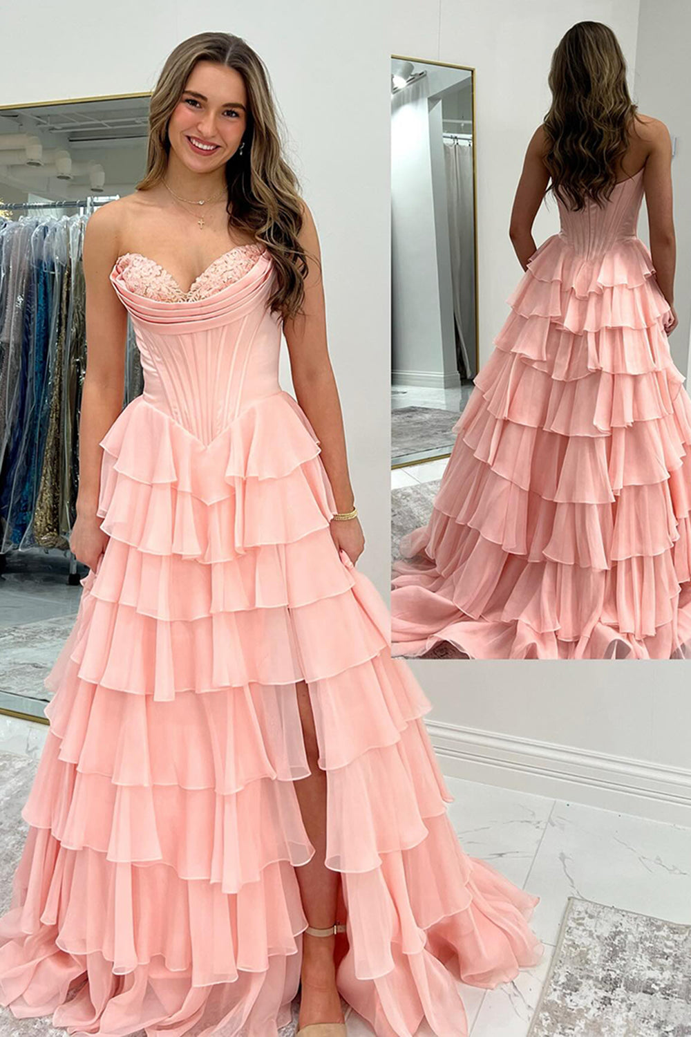 Sweetheart Princess Corset Prom Dress in Light Pink with Tiered Chiffon and Slit