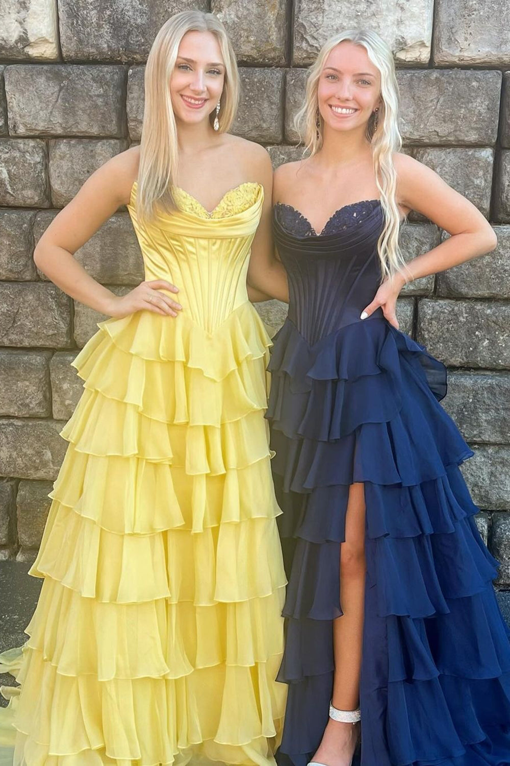 Black A-Line Long Chiffon Corset Prom Dress with Tiered Slit