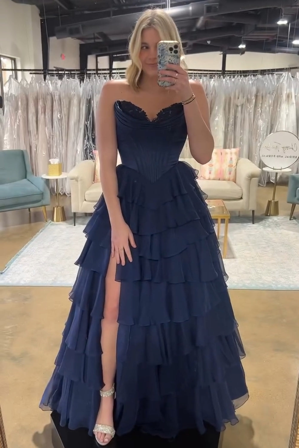 Black A-Line Long Chiffon Corset Prom Dress with Tiered Slit
