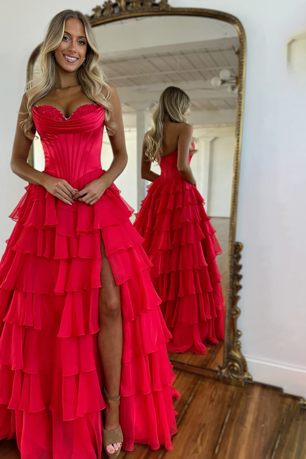 Sweetheart A Line Long Chiffon Prom Dress in Fuchsia with Tiered Corset and Slit