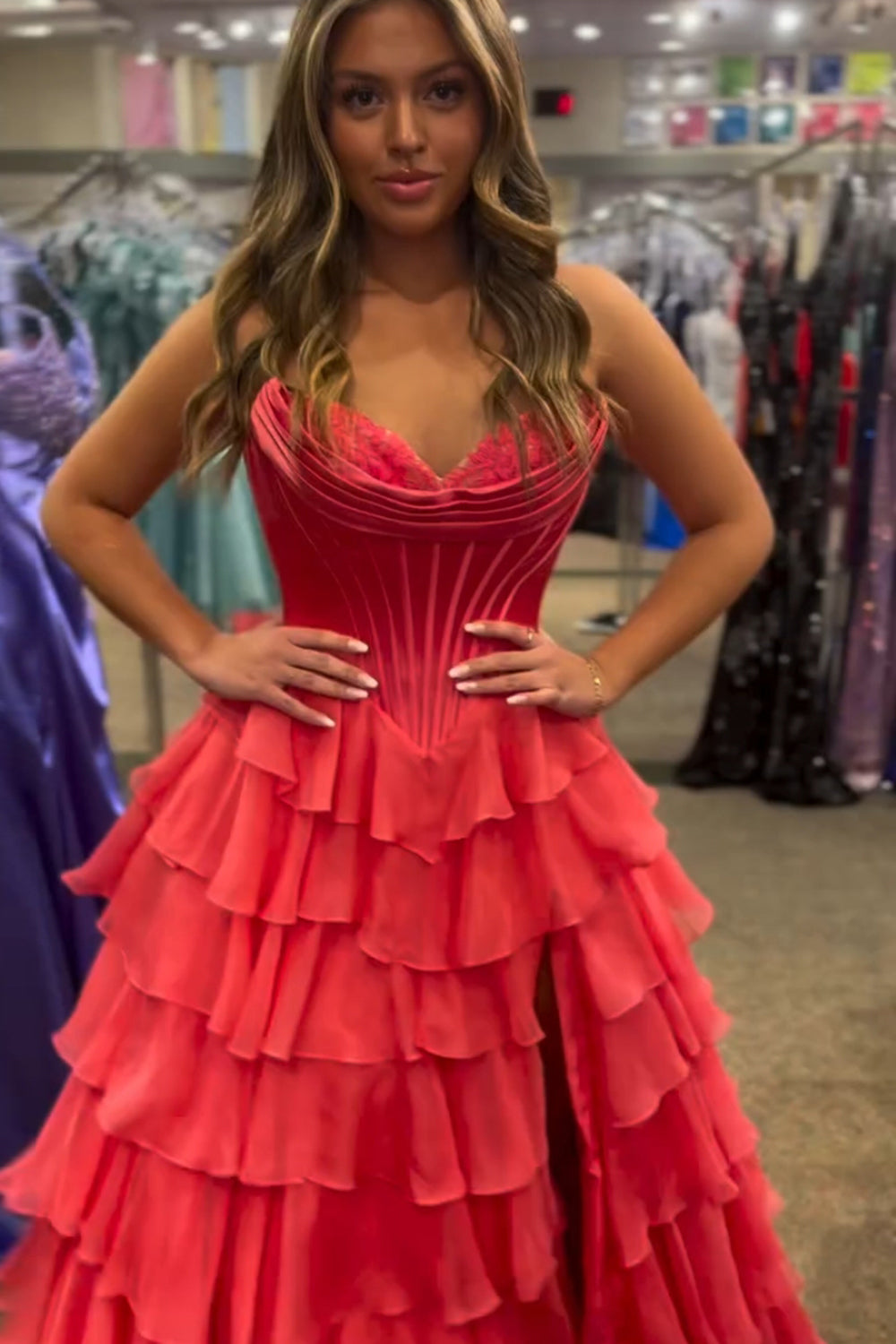 Sweetheart A-Line Black Chiffon Corset Prom Dress Featuring a Tiered Slit