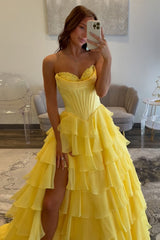 Sweetheart Corset A-Line Prom Dress in Fuchsia with Tiered Chiffon and Slit