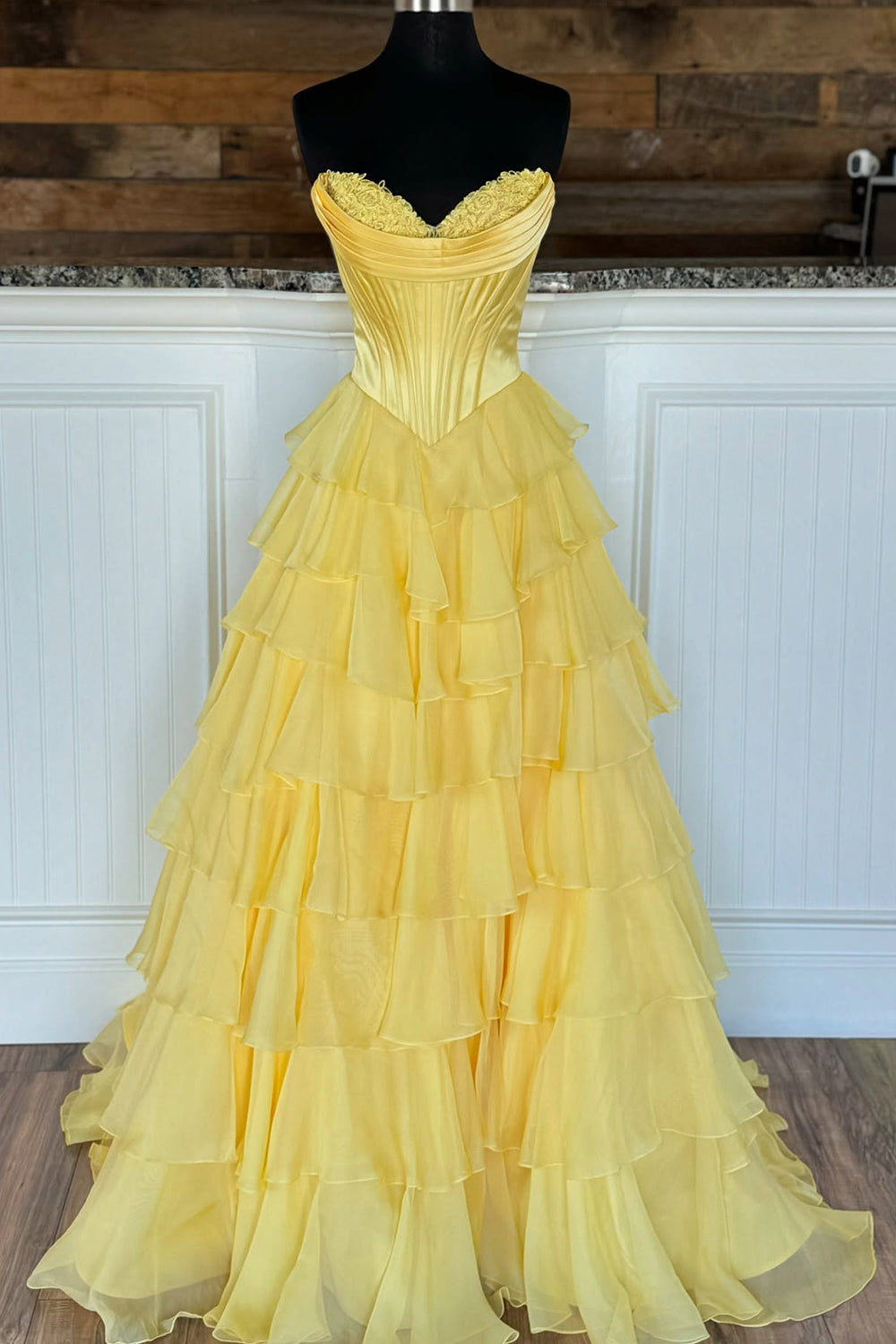 Sweetheart Yellow Princess Corset Dress with Ruffled Chiffon and Long Slit