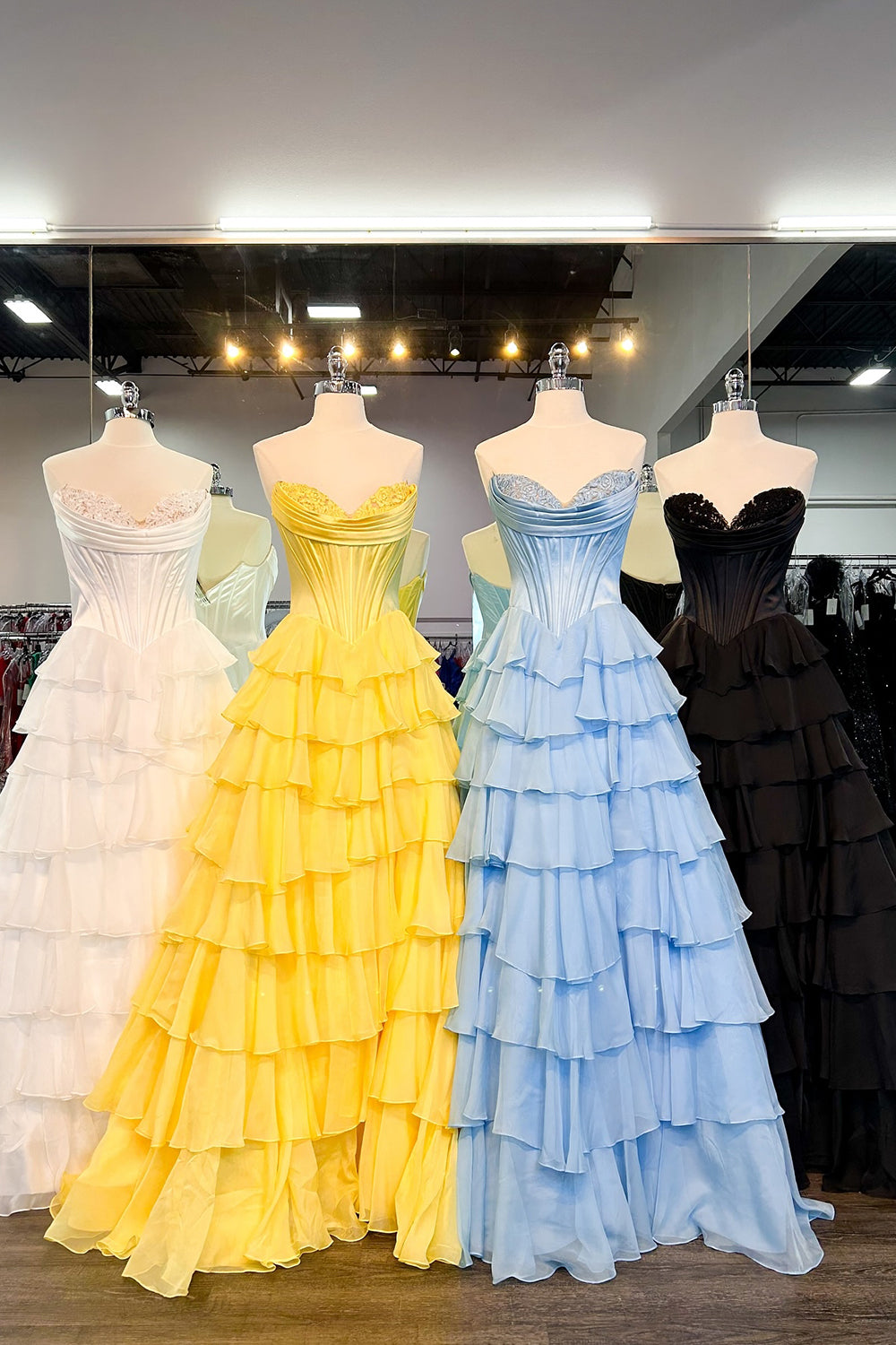 Black A-Line Long Chiffon Corset Prom Dress with Tiered Slit