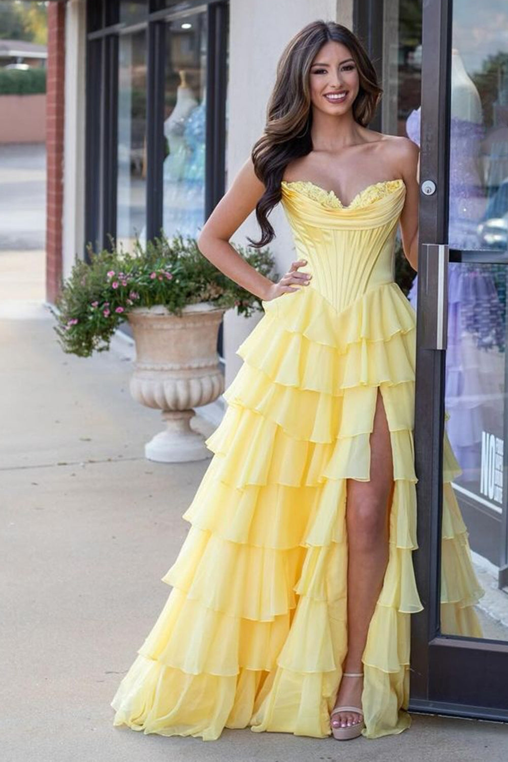 Sweetheart Blue Chiffon Corset Prom Dress with Ruffled A-Line and Long Slit