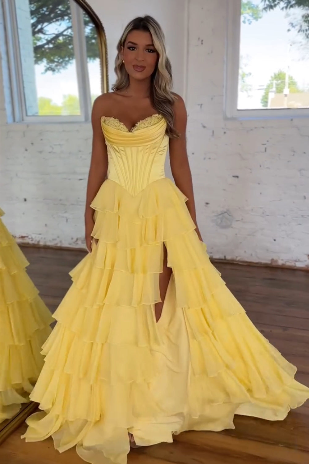 Sweetheart Blue Chiffon Corset Prom Dress with Ruffled A-Line and Long Slit