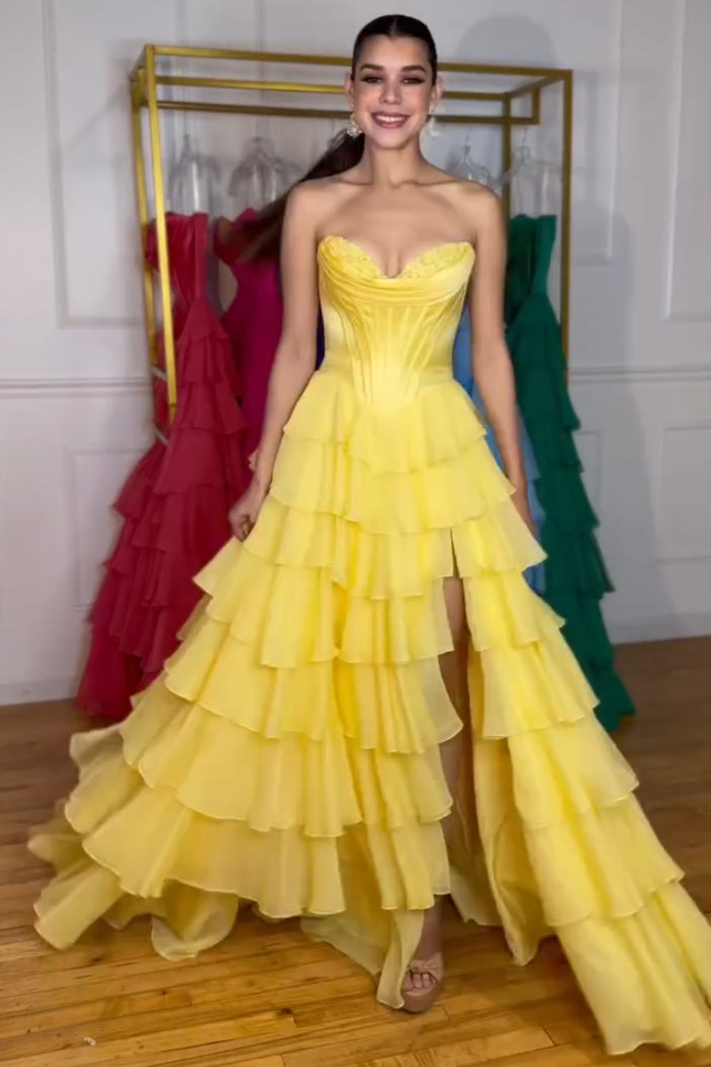 Sweetheart Princess Corset Prom Dress in Light Pink with Tiered Chiffon and Slit