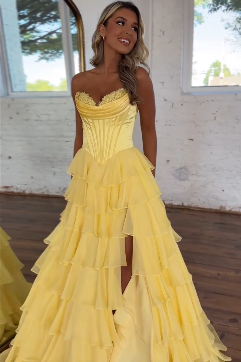 Sweetheart Blue Chiffon Corset Prom Dress with Ruffled A-Line and Long Slit