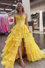 Sweetheart Yellow Princess Corset Dress with Ruffled Chiffon and Long Slit