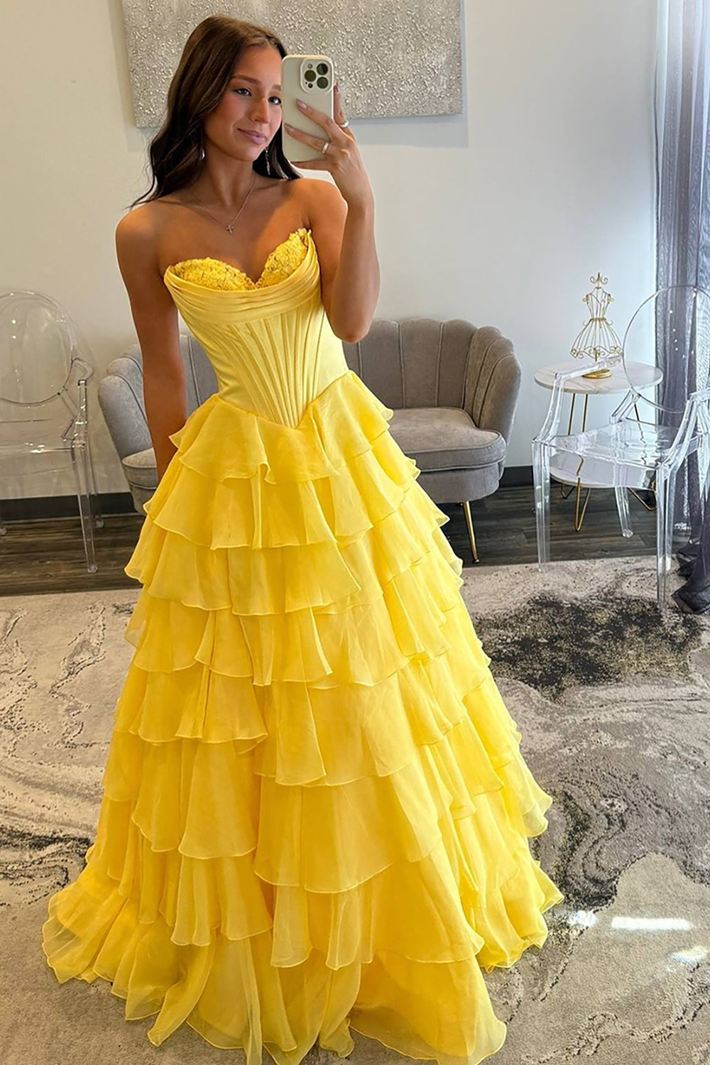 Sweetheart Corset A-Line Prom Dress in Fuchsia with Tiered Chiffon and Slit