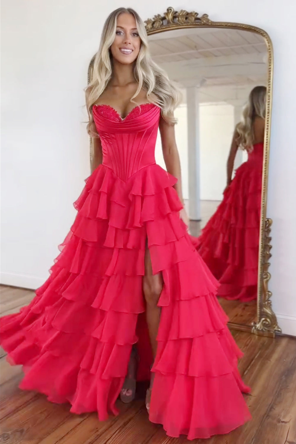 Sweetheart A Line Long Chiffon Prom Dress in Fuchsia with Tiered Corset and Slit